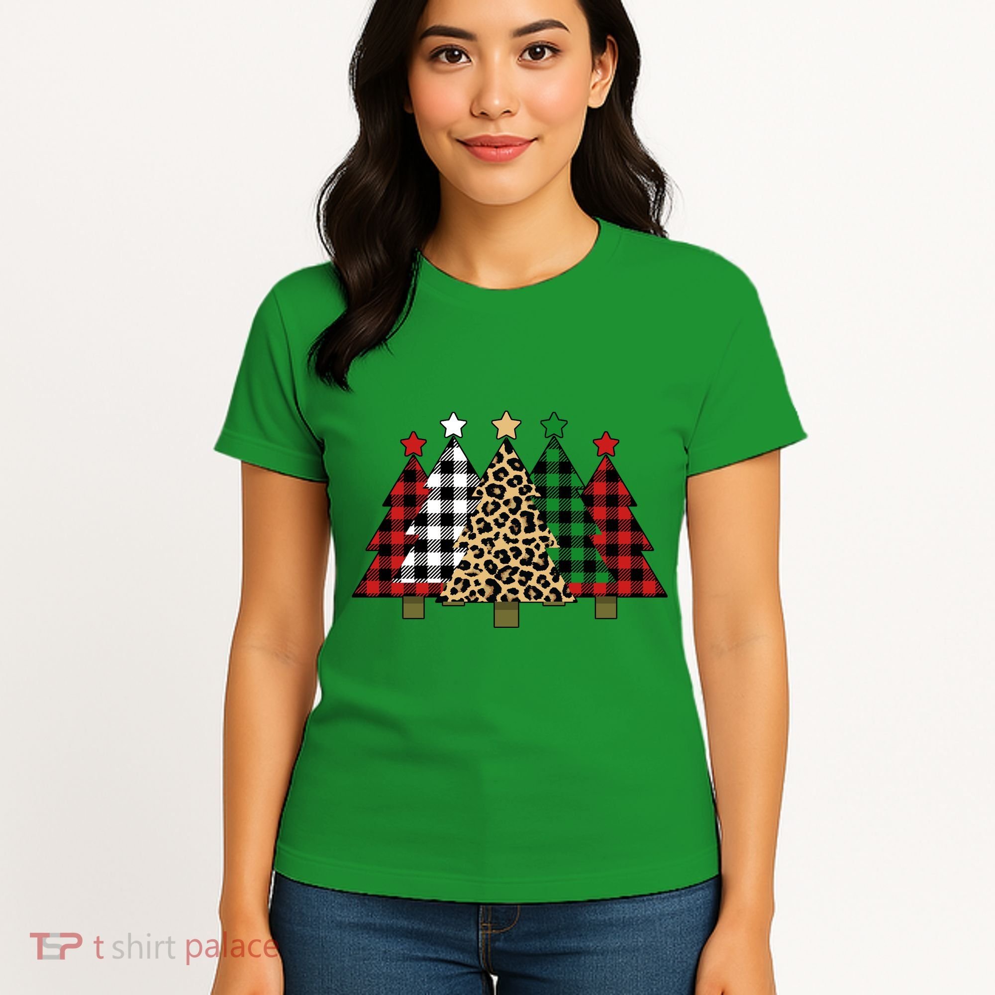 Christmas Trees Buffalo Plaid & Leopard Design Women's T-Shirt