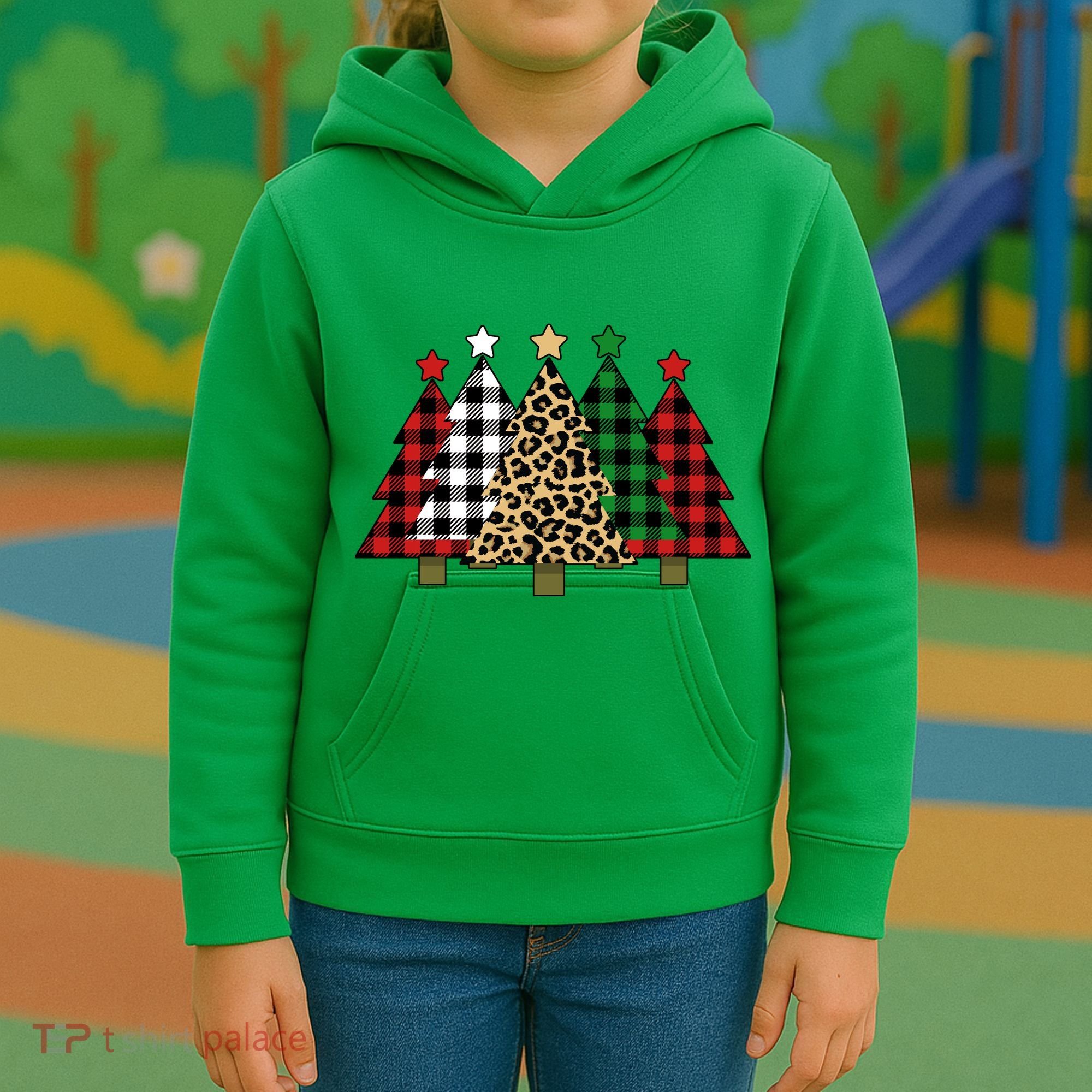 Christmas Trees Buffalo Plaid & Leopard Design Kids Hoodie