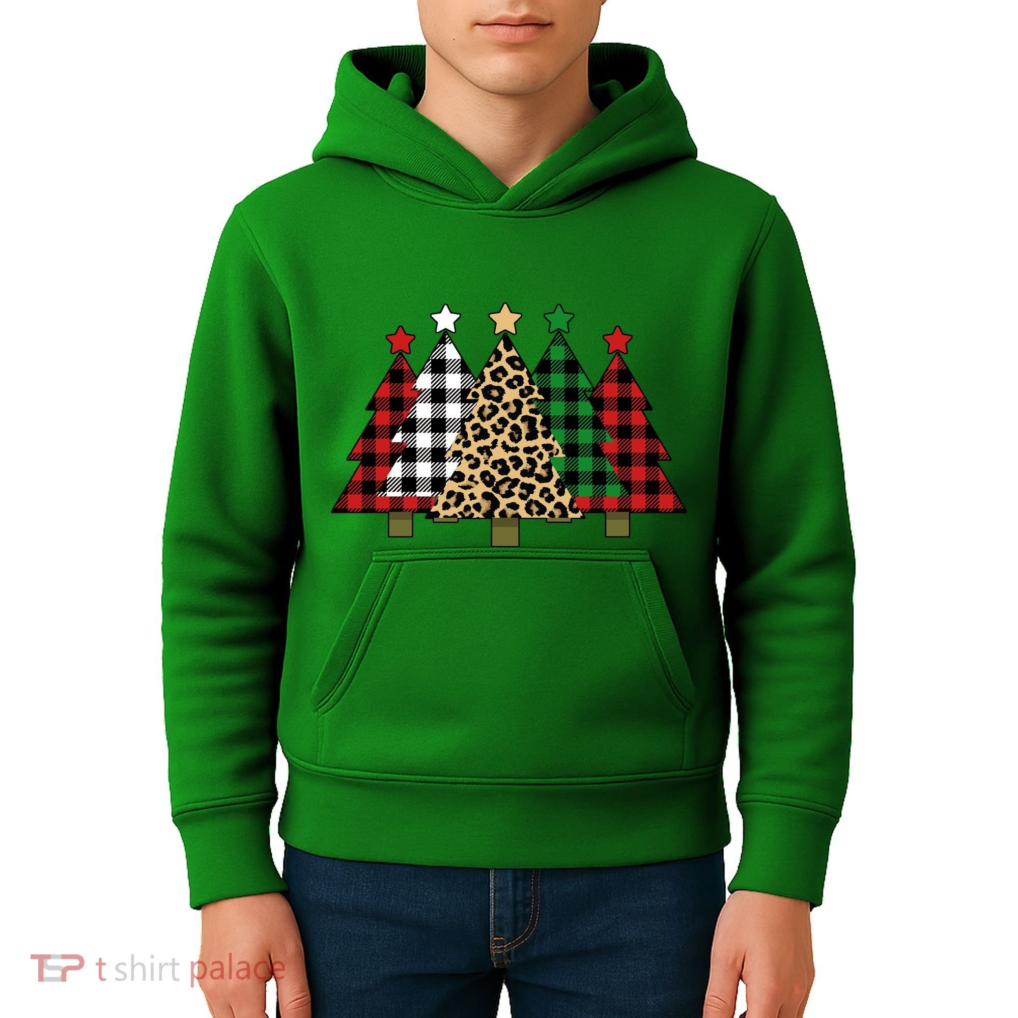 Christmas Trees Buffalo Plaid & Leopard Design Kids Hoodie