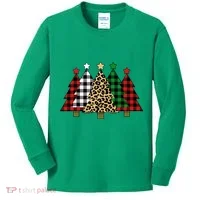 Christmas Trees Buffalo Plaid & Leopard Design Kids Long Sleeve Shirt thumb 0