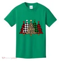 Christmas Trees Buffalo Plaid & Leopard Design Kids T-Shirt thumb 0