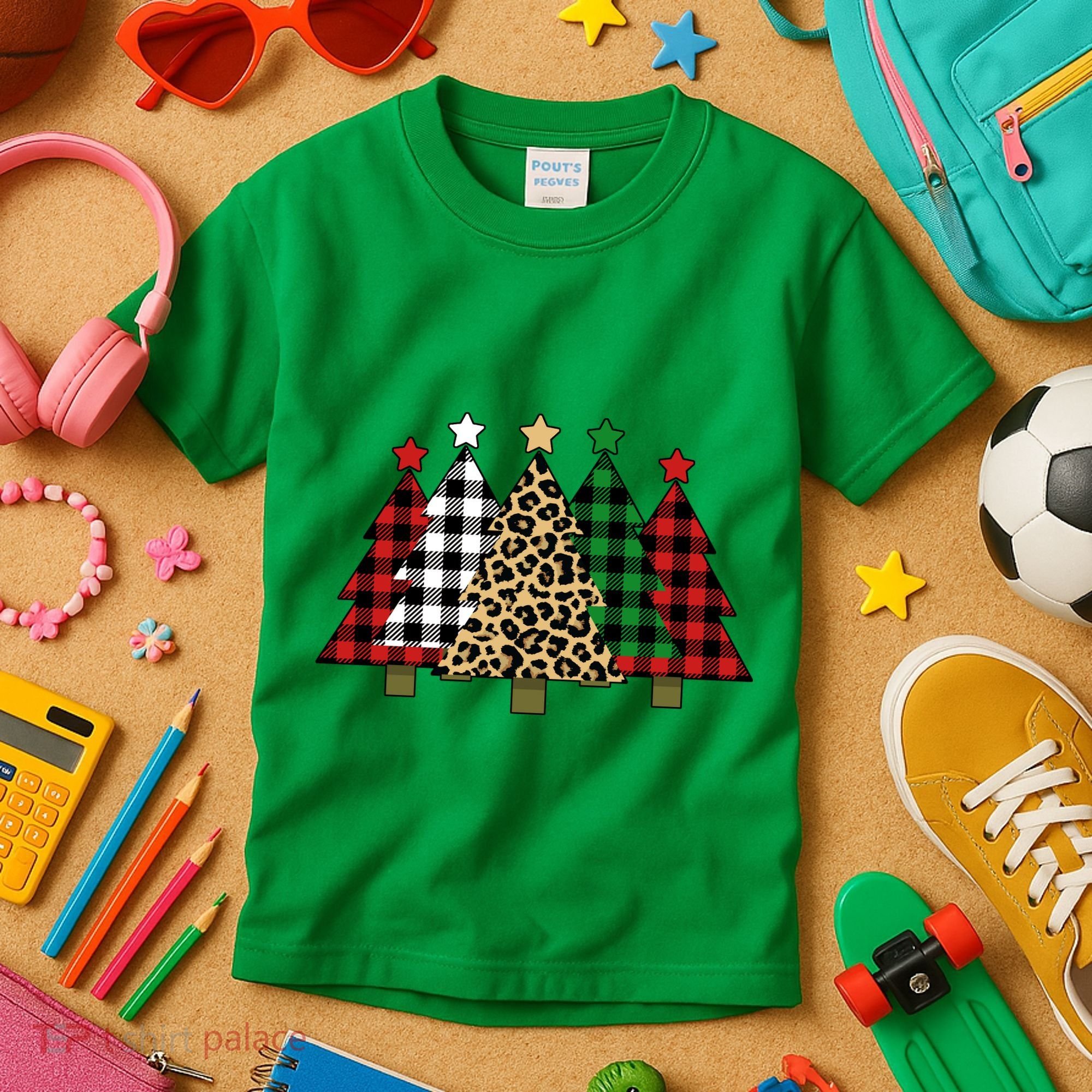 Christmas Trees Buffalo Plaid & Leopard Design Kids T-Shirt