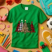 Christmas Trees Buffalo Plaid & Leopard Design Kids T-Shirt thumb 3