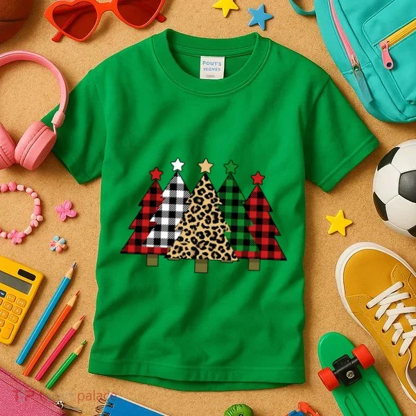 Christmas Trees Buffalo Plaid & Leopard Design Kids T-Shirt