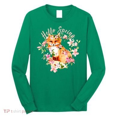 Cute Hello Spring Flower Fox Long Sleeve Shirt