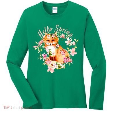 Cute Hello Spring Flower Fox Women's Long Sleeve Shirt