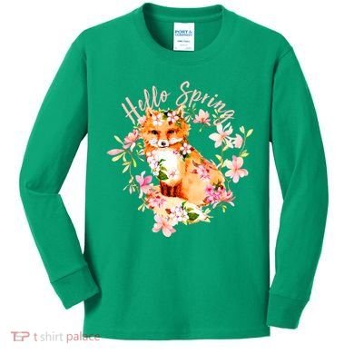Cute Hello Spring Flower Fox Kids Long Sleeve Shirt