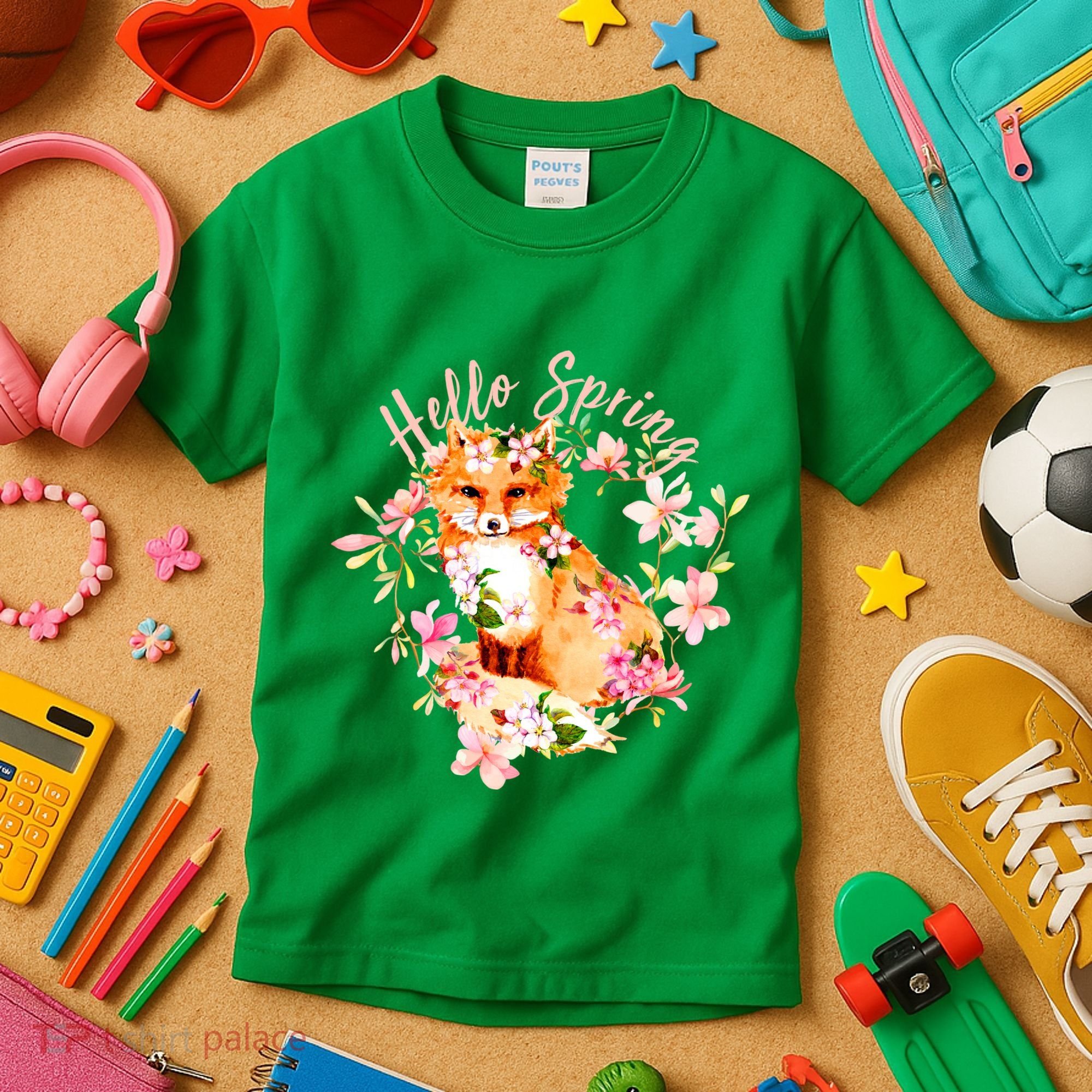 Cute Hello Spring Flower Fox Kids T-Shirt