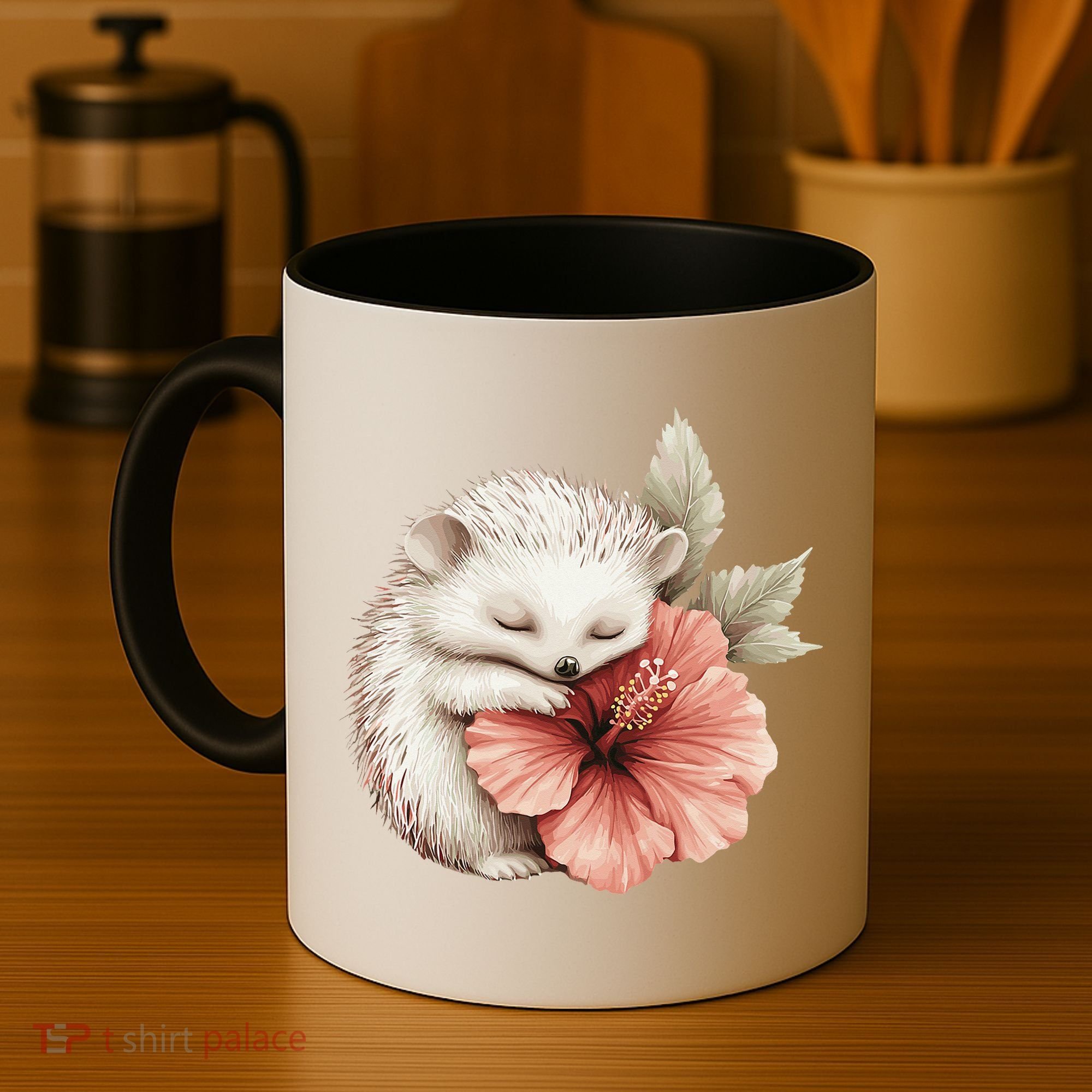 Cute Hedgehog Sleeping Hugging Flower Coffee Mug
