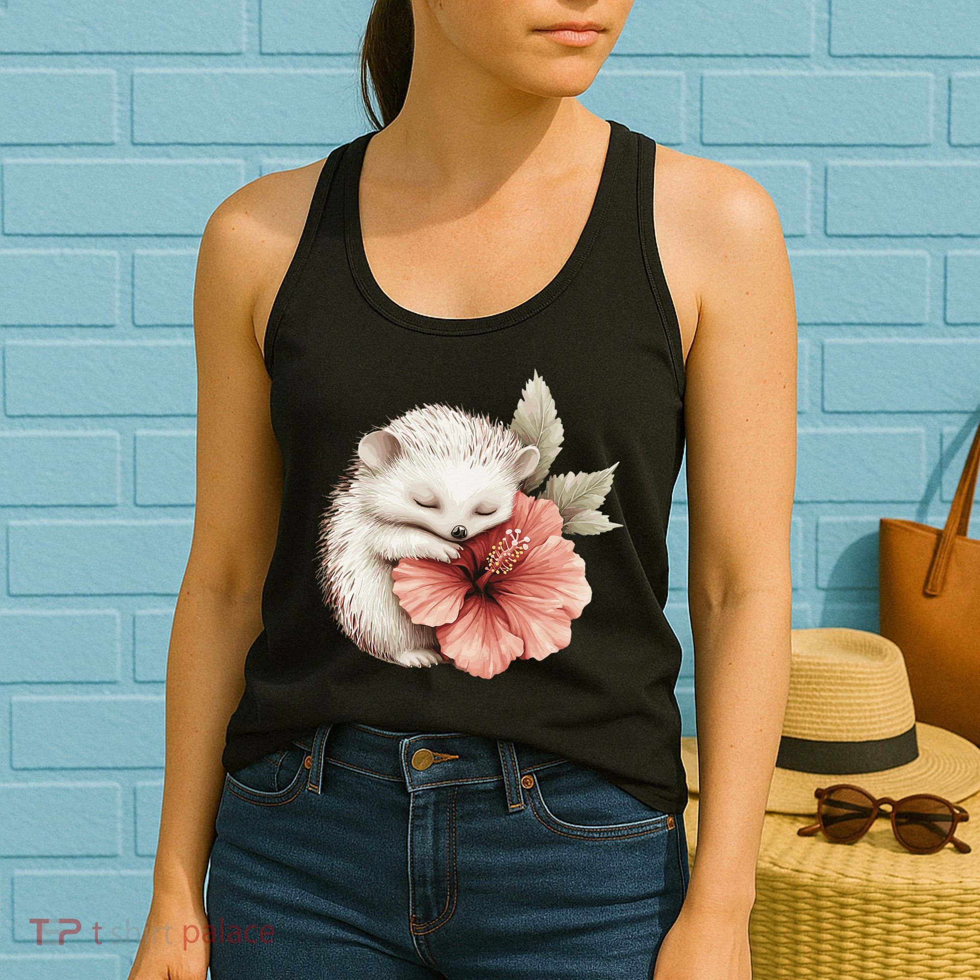Cute Hedgehog Sleeping Hugging Flower Women's Tank Top