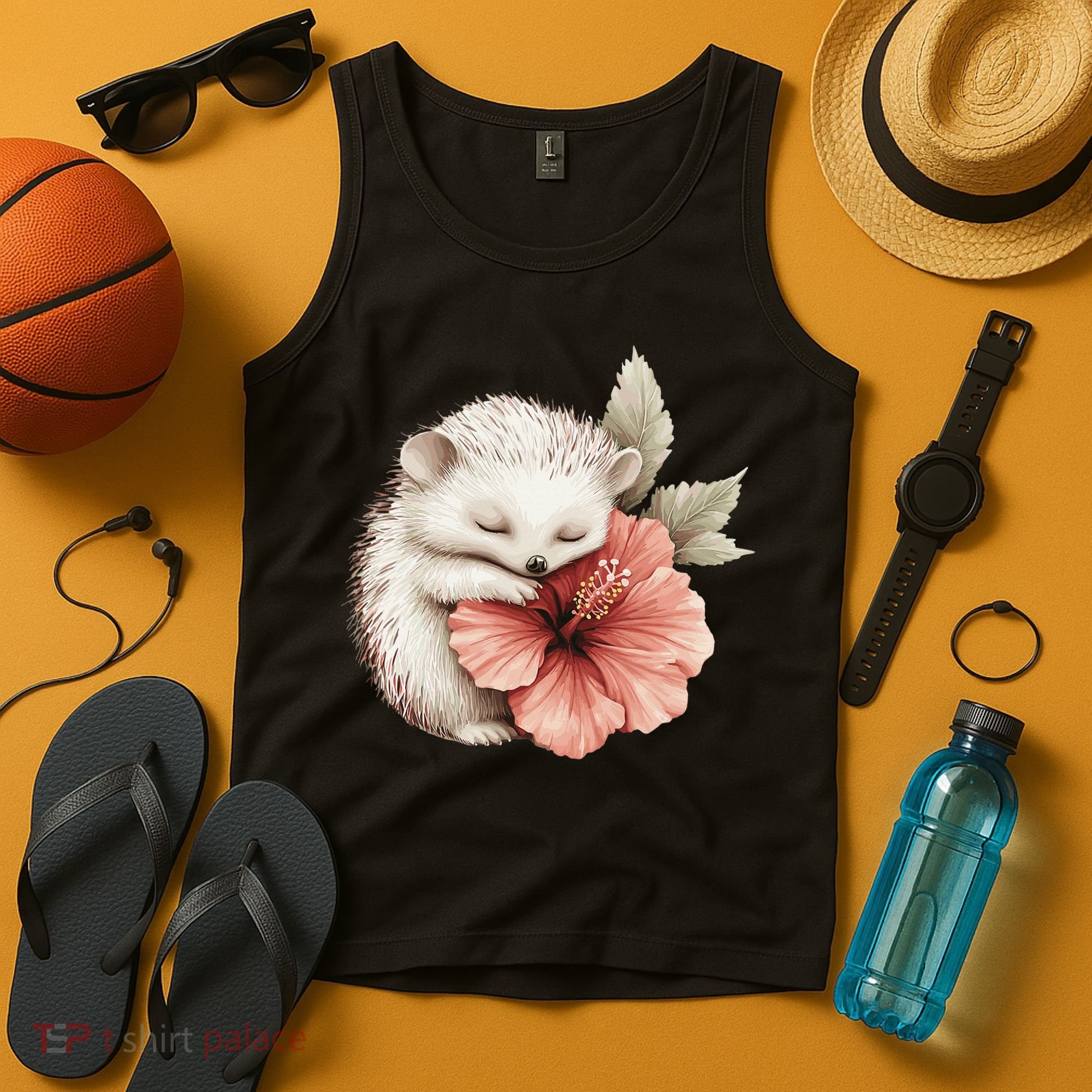 Cute Hedgehog Sleeping Hugging Flower Tank Top