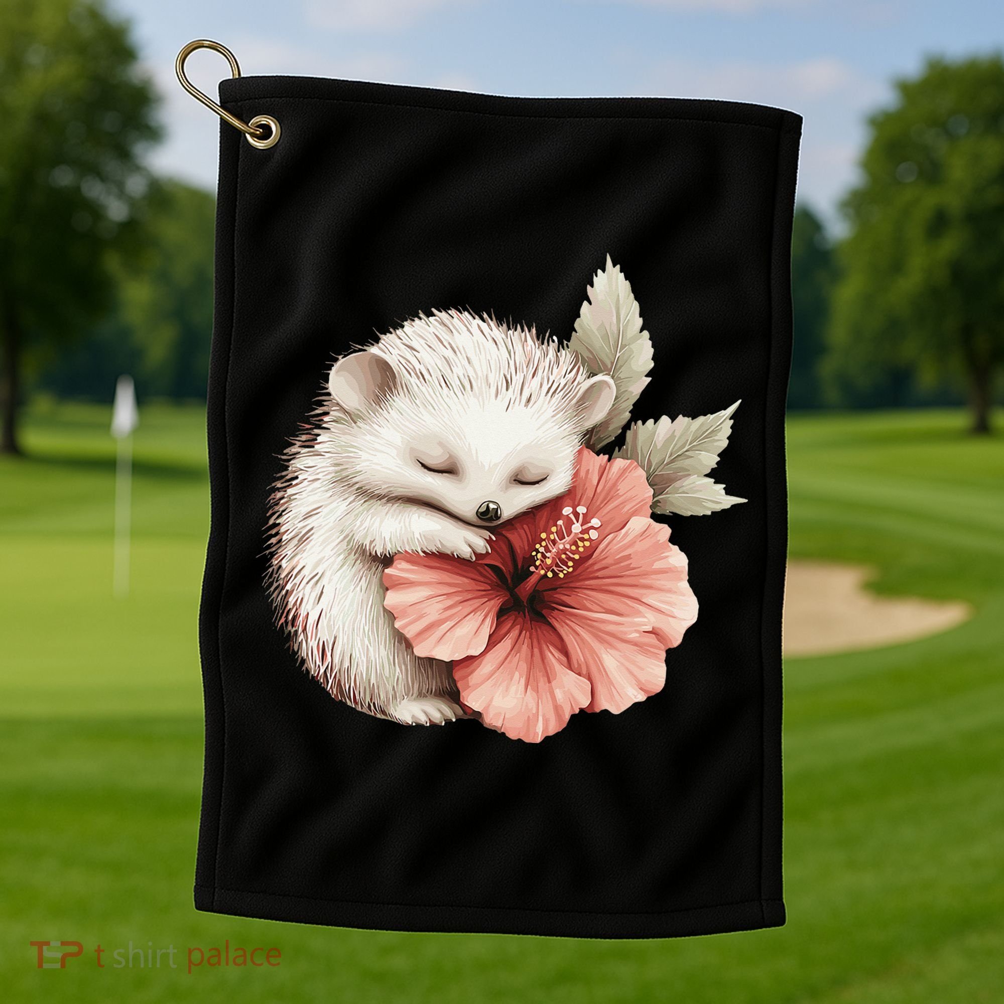 Cute Hedgehog Sleeping Hugging Flower Golf Towel