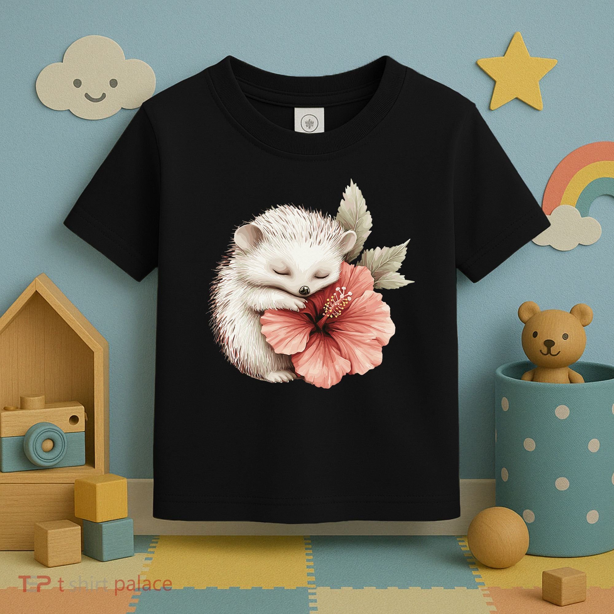 Cute Hedgehog Sleeping Hugging Flower Toddler T-Shirt