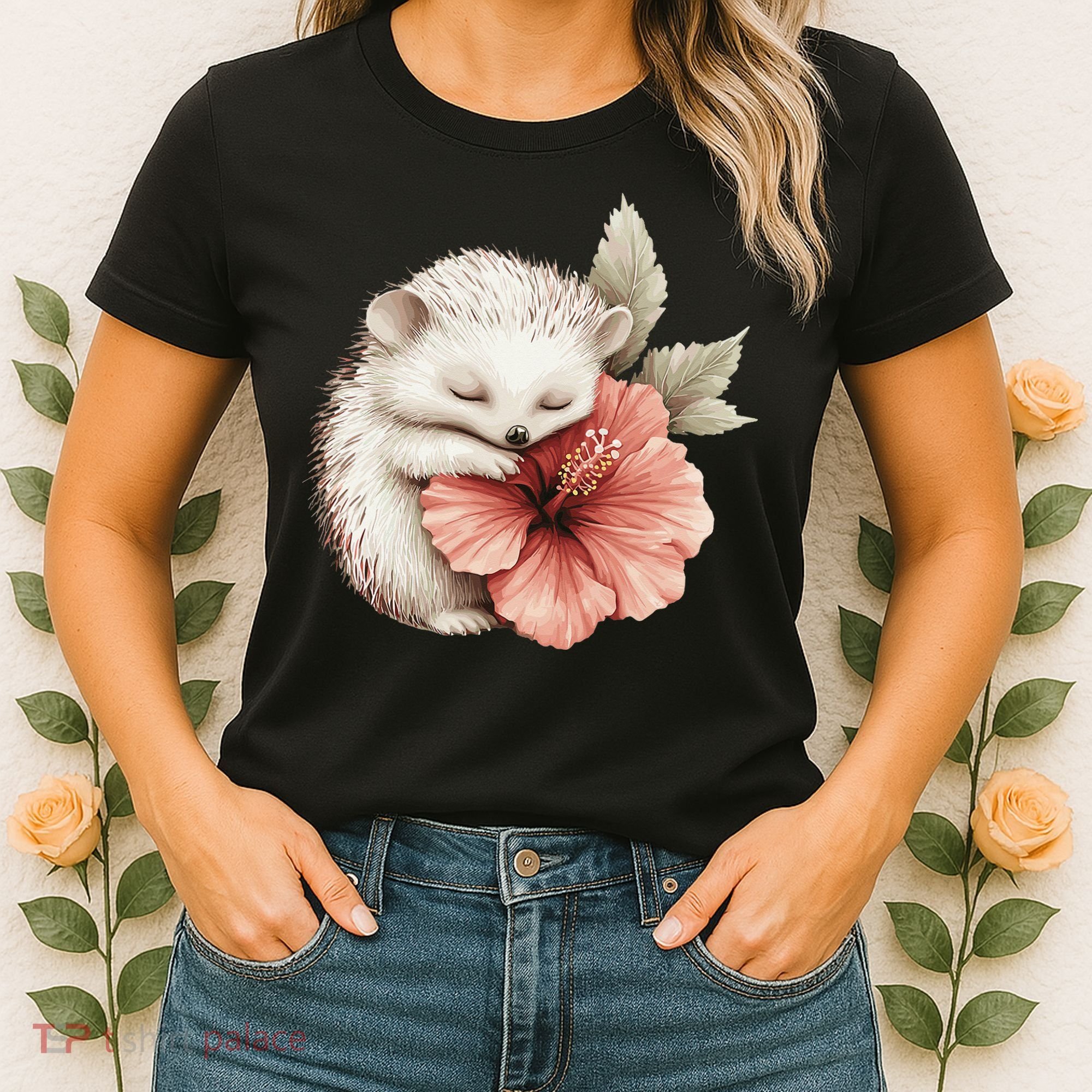 Cute Hedgehog Sleeping Hugging Flower Women's T-Shirt