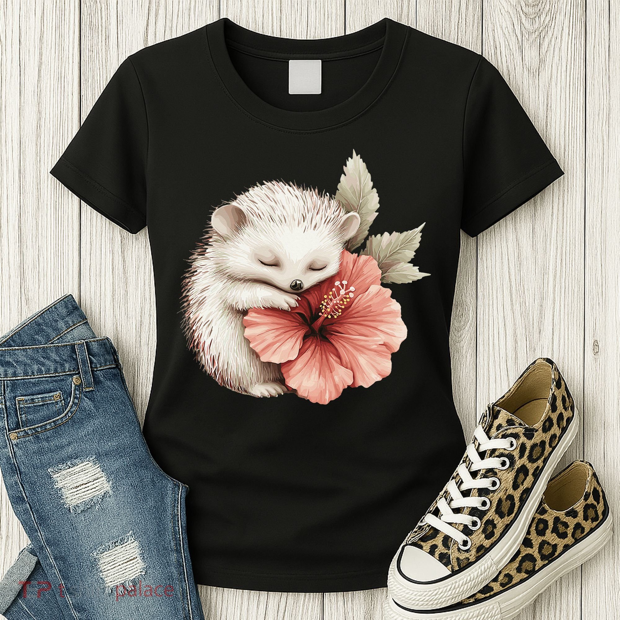 Cute Hedgehog Sleeping Hugging Flower Women's T-Shirt