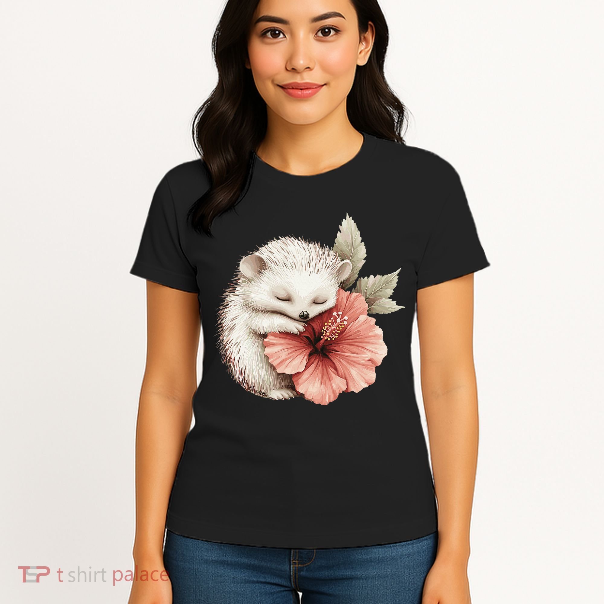 Cute Hedgehog Sleeping Hugging Flower Women's T-Shirt