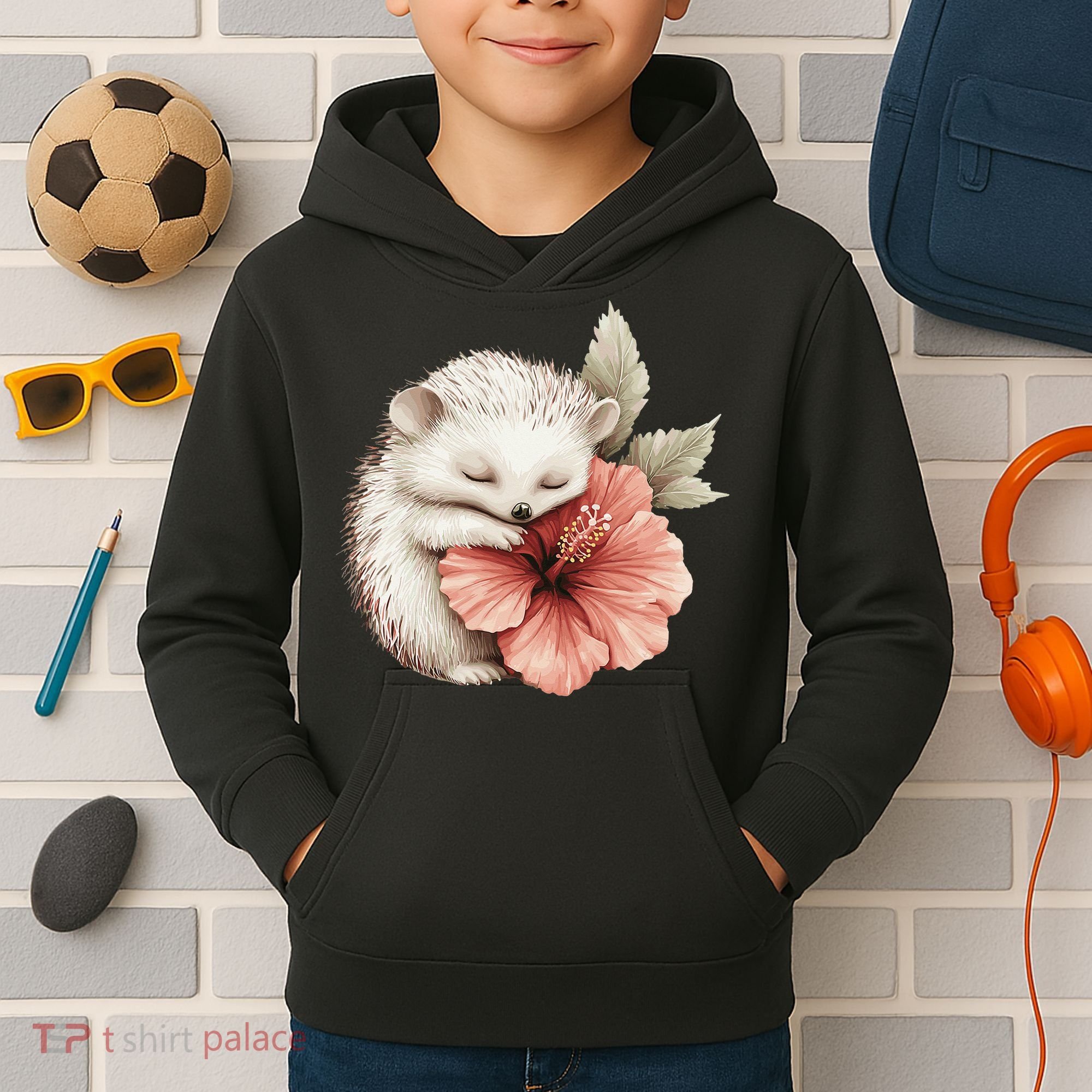 Cute Hedgehog Sleeping Hugging Flower Kids Hoodie