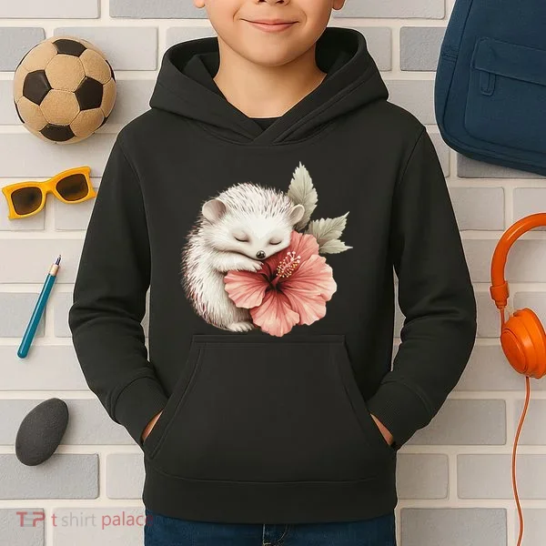 Cute Hedgehog Sleeping Hugging Flower Kids Hoodie