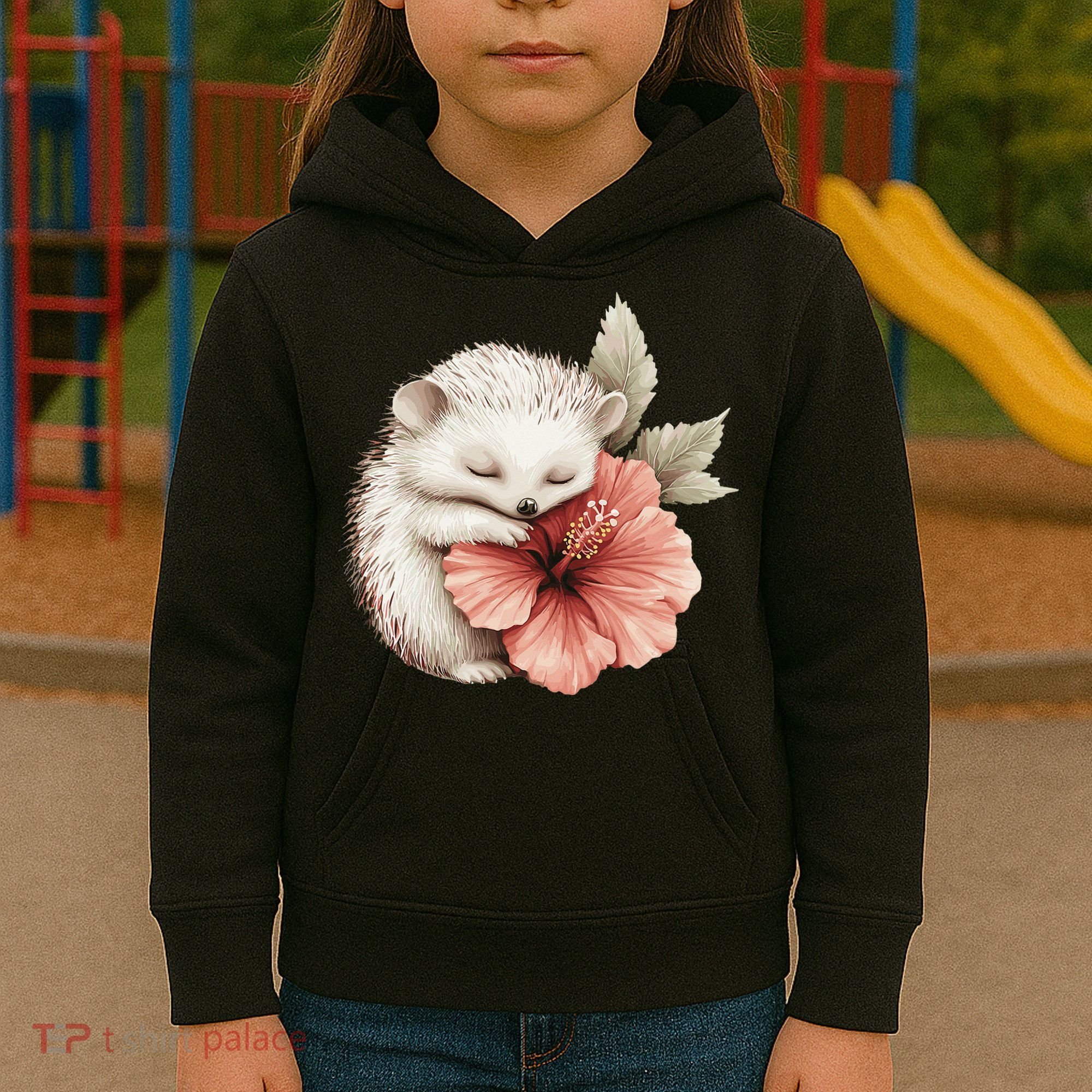 Cute Hedgehog Sleeping Hugging Flower Kids Hoodie