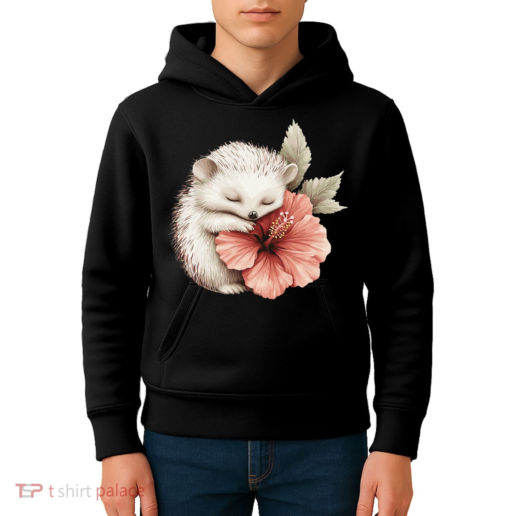Cute Hedgehog Sleeping Hugging Flower Kids Hoodie
