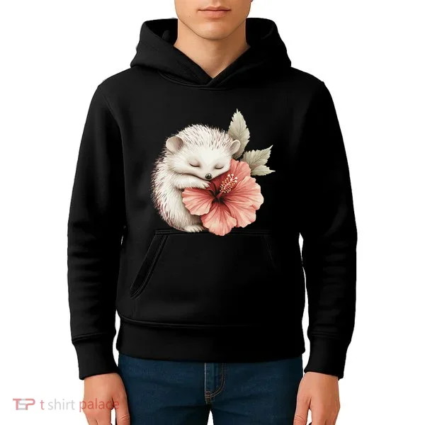 Cute Hedgehog Sleeping Hugging Flower Kids Hoodie