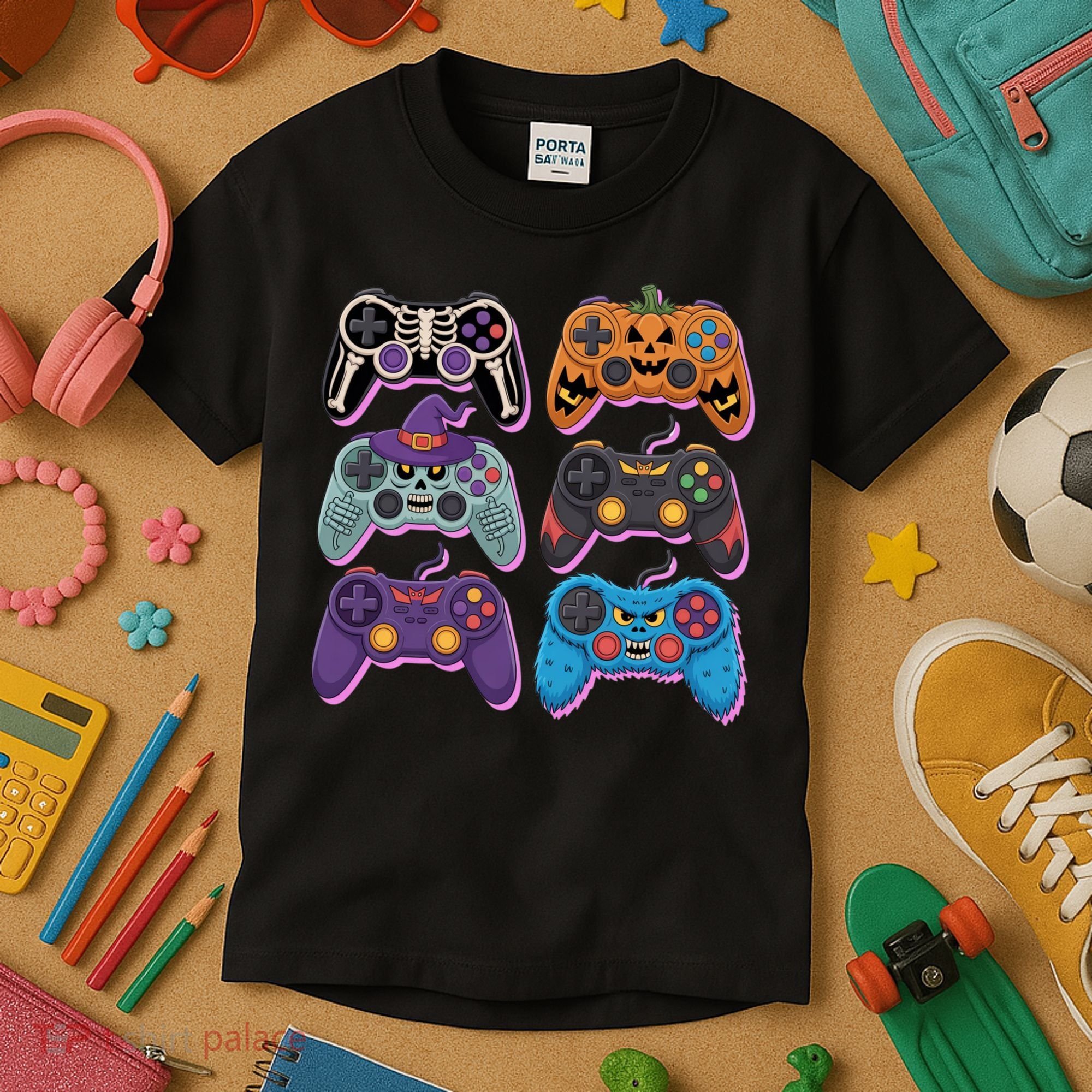 Cute Halloween Skeleton Zombie Gaming Control Gamer Kids T-Shirt
