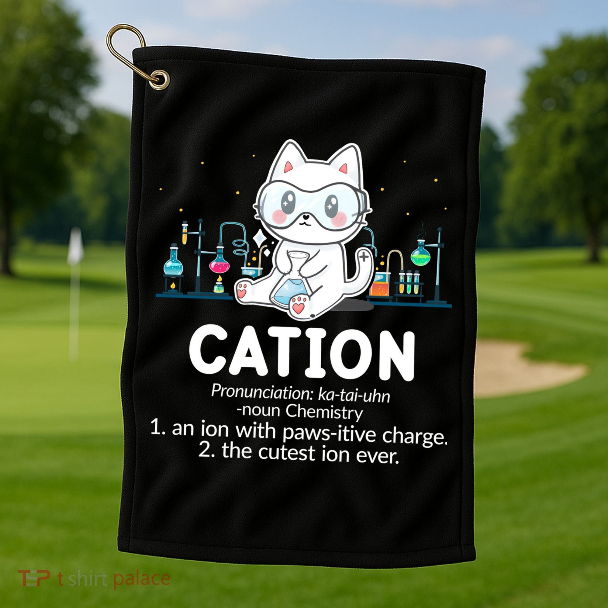 Chemistry Humor Science Teacher Cat Pun Cation Gift Golf Towel