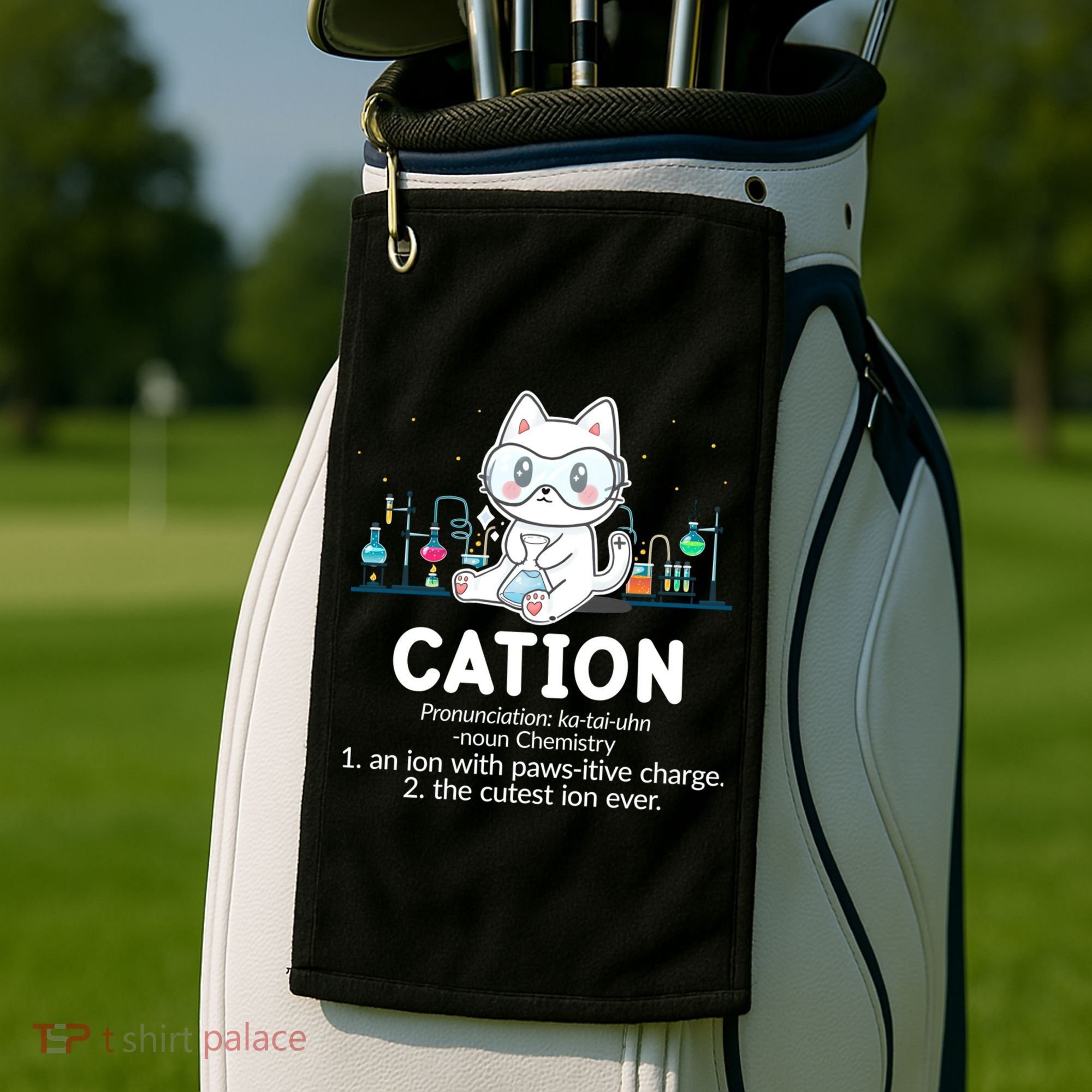 Chemistry Humor Science Teacher Cat Pun Cation Gift Golf Towel