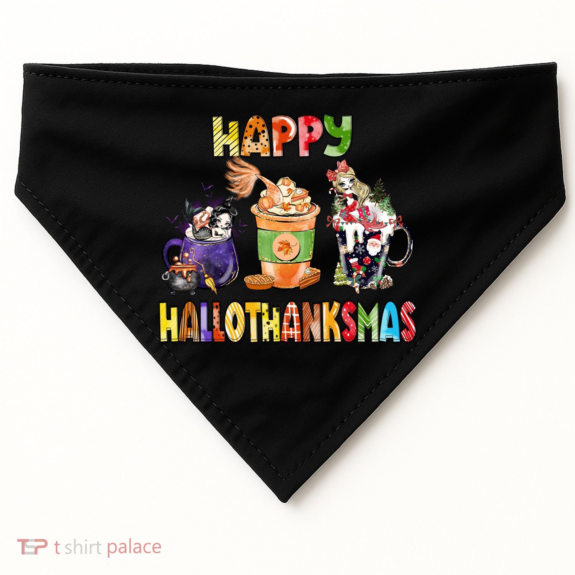Coffee Halloween Thanksgiving Christmas Happy Hallothanksmas USA-Made Doggie Bandana