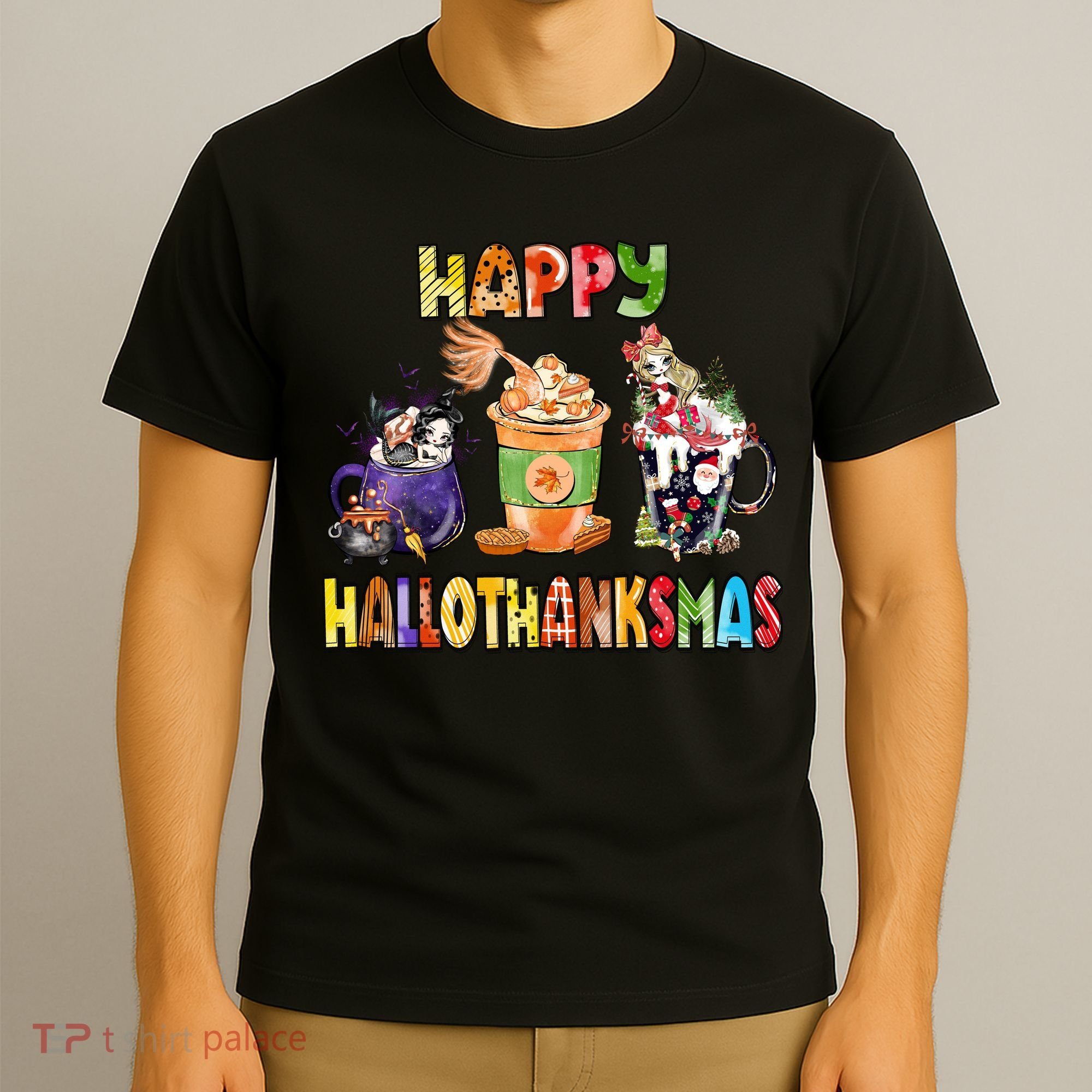 Coffee Halloween Thanksgiving Christmas Happy Hallothanksmas T-Shirt