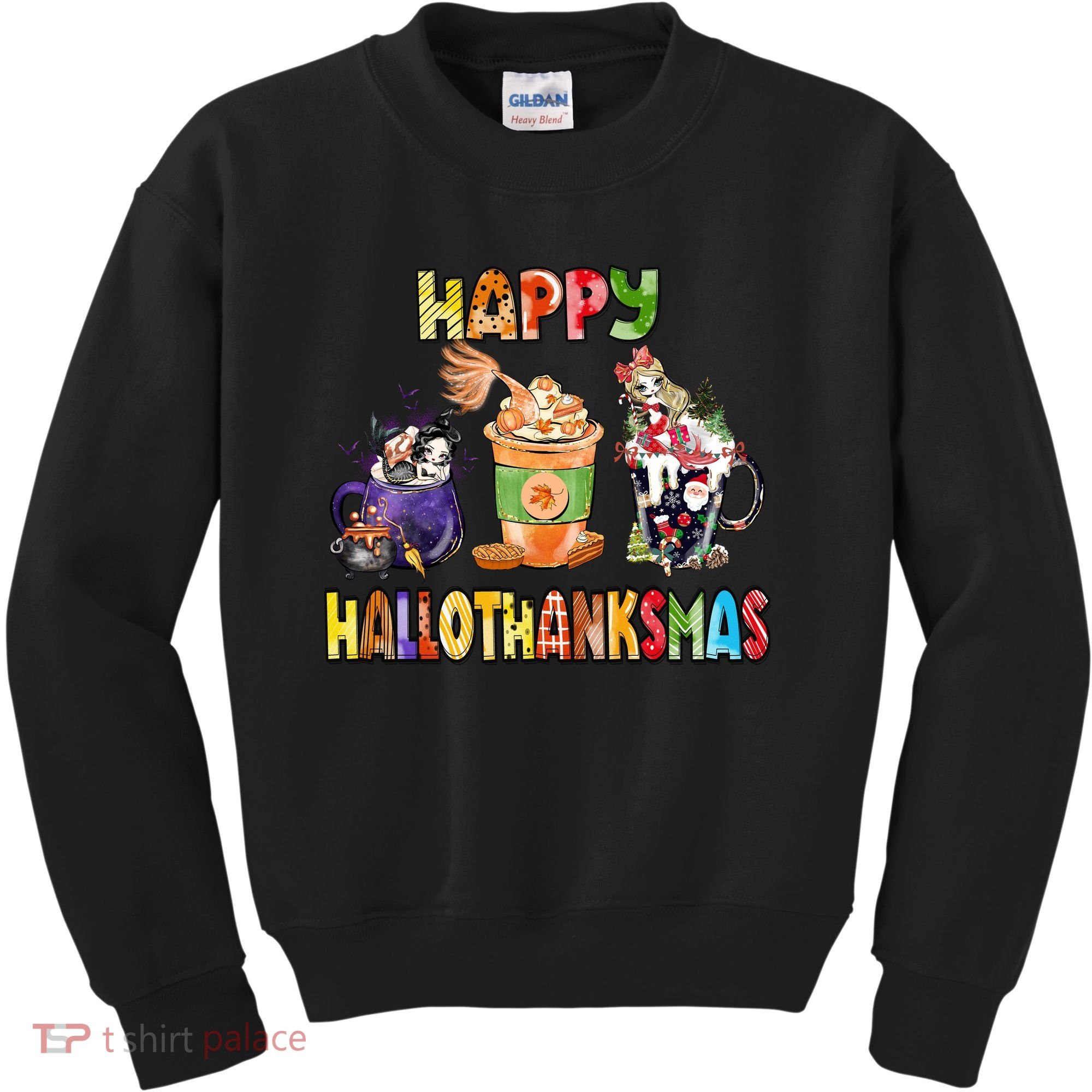 Coffee Halloween Thanksgiving Christmas Happy Hallothanksmas Kids Sweatshirt