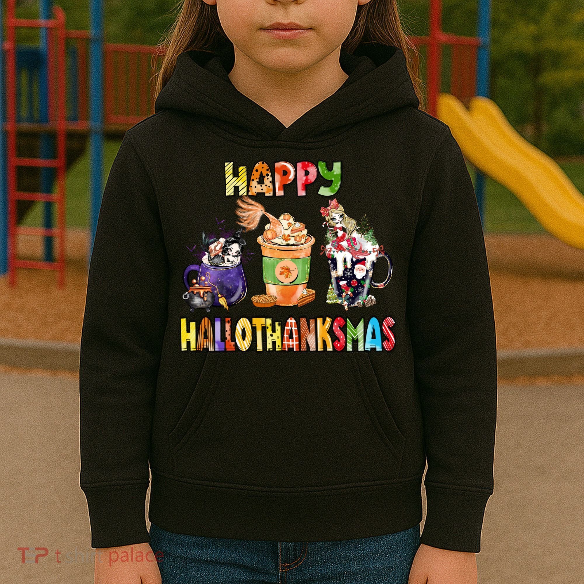 Coffee Halloween Thanksgiving Christmas Happy Hallothanksmas Kids Hoodie