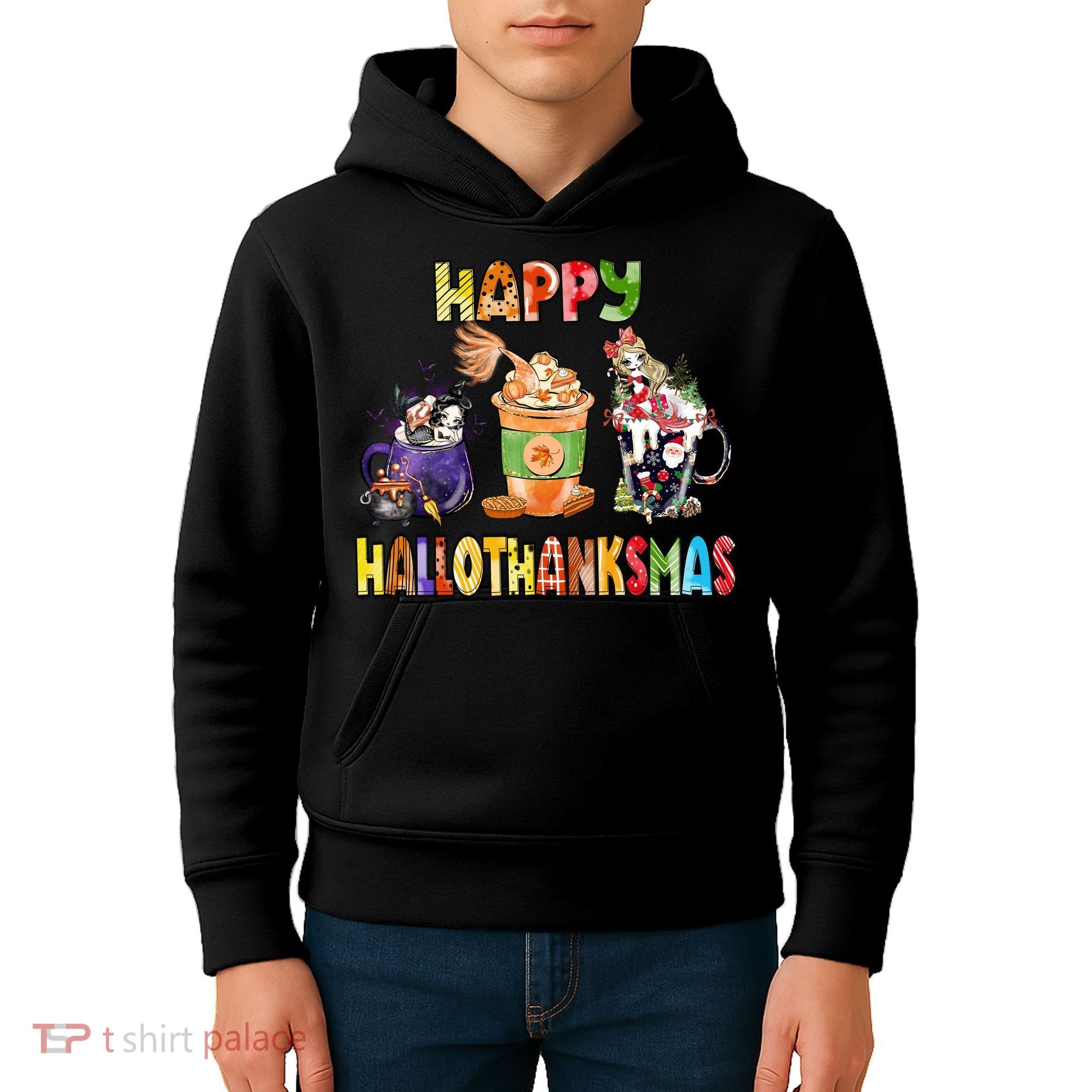 Coffee Halloween Thanksgiving Christmas Happy Hallothanksmas Kids Hoodie