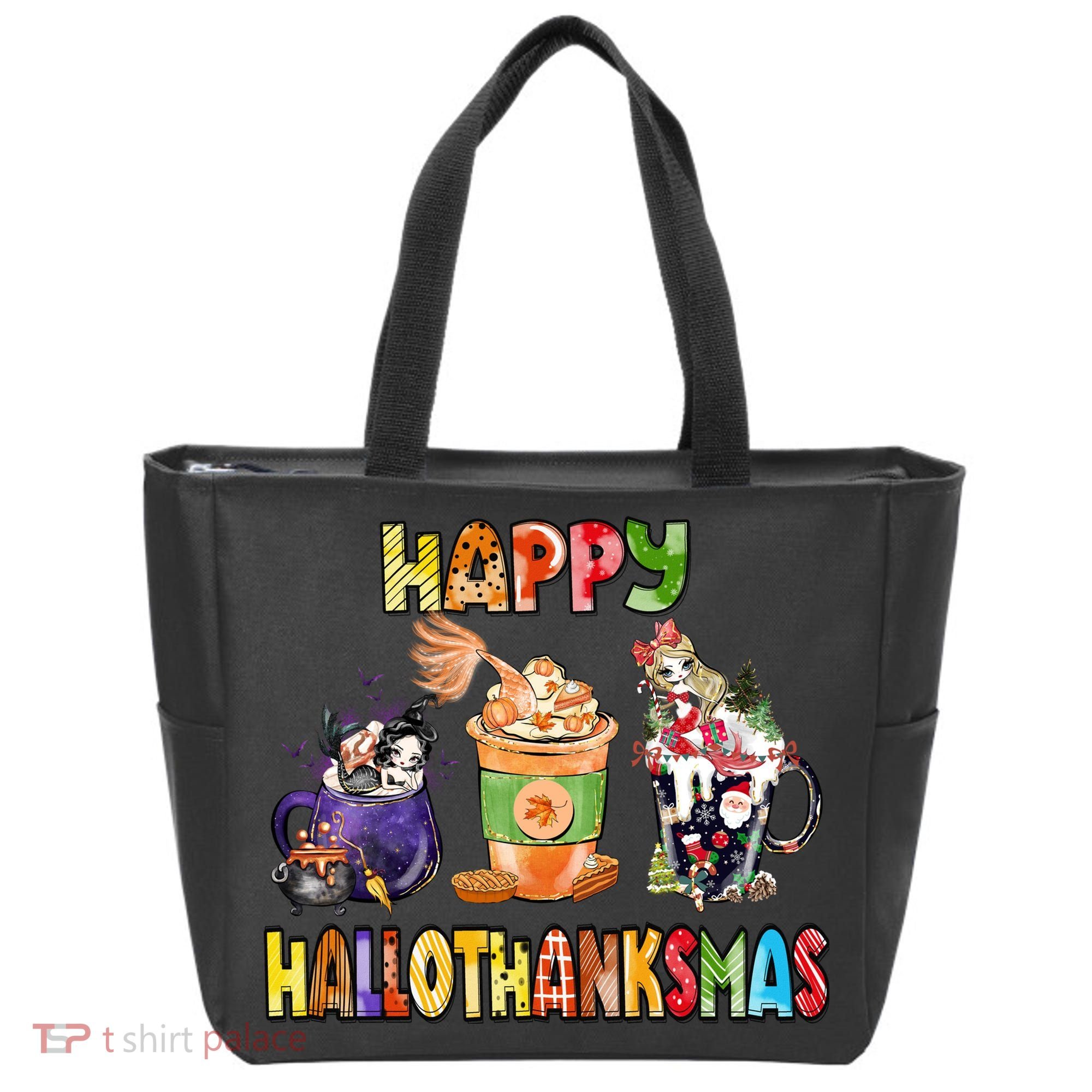 Coffee Halloween Thanksgiving Christmas Happy Hallothanksmas Tote Bag
