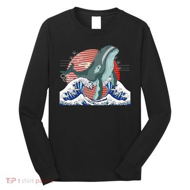 cute Humpback whale waves sea Japanese style Long Sleeve Shirt