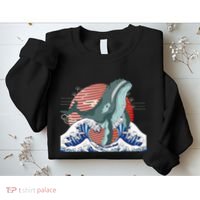 cute Humpback whale waves sea Japanese style Sweatshirt thumb 2