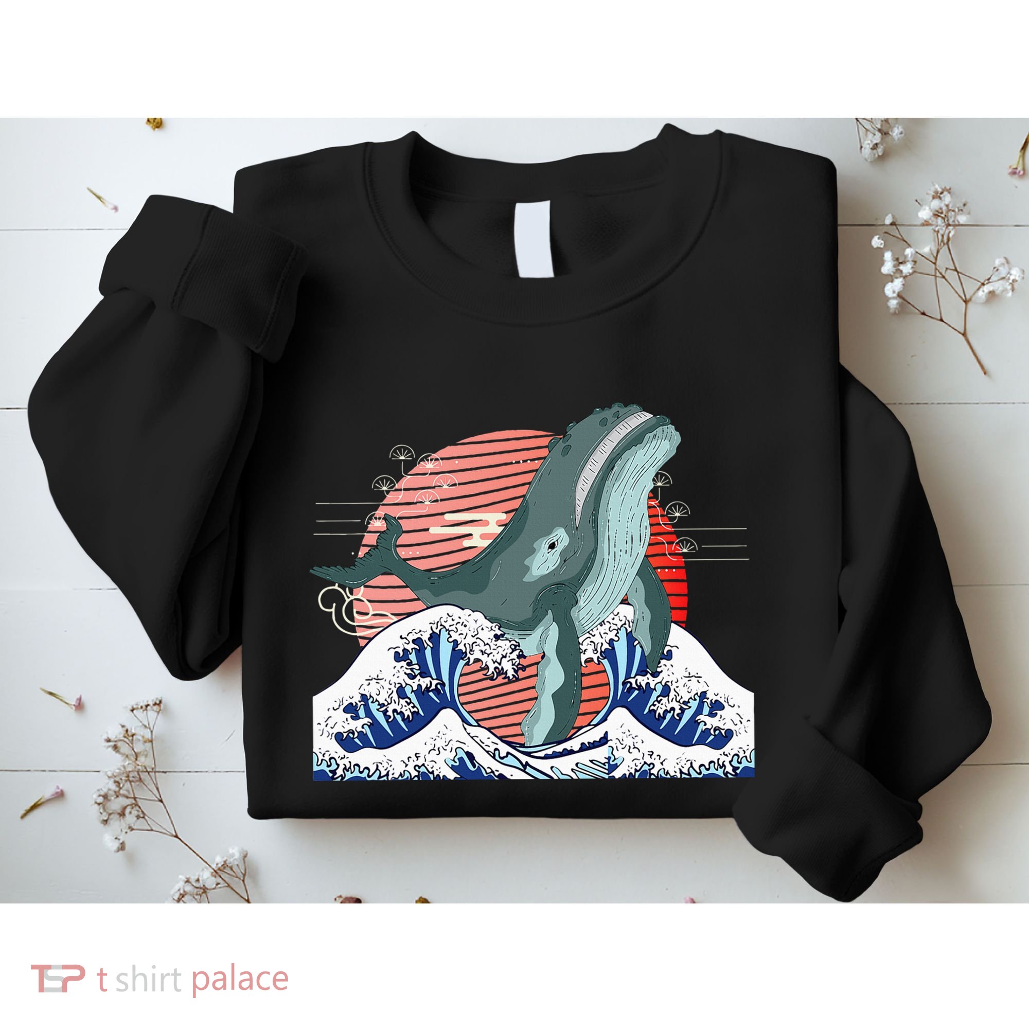 cute Humpback whale waves sea Japanese style Sweatshirt