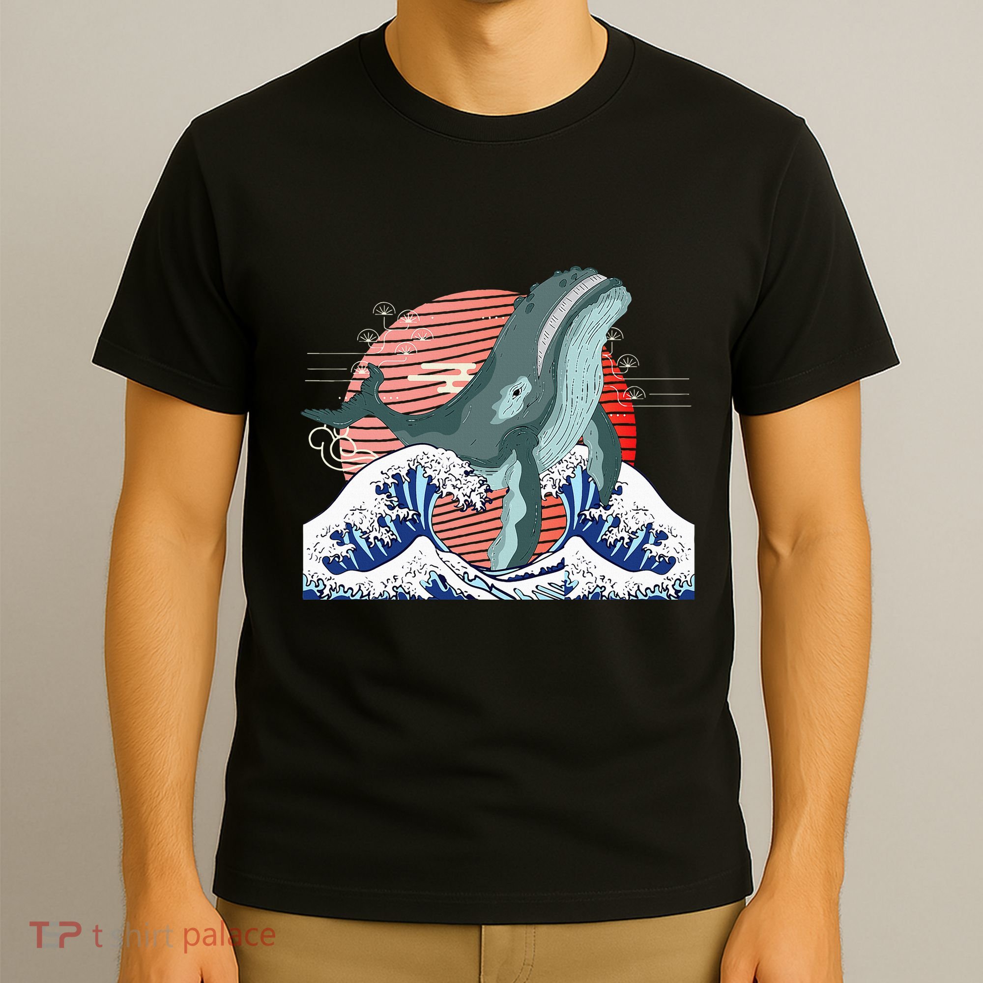 cute Humpback whale waves sea Japanese style T-Shirt