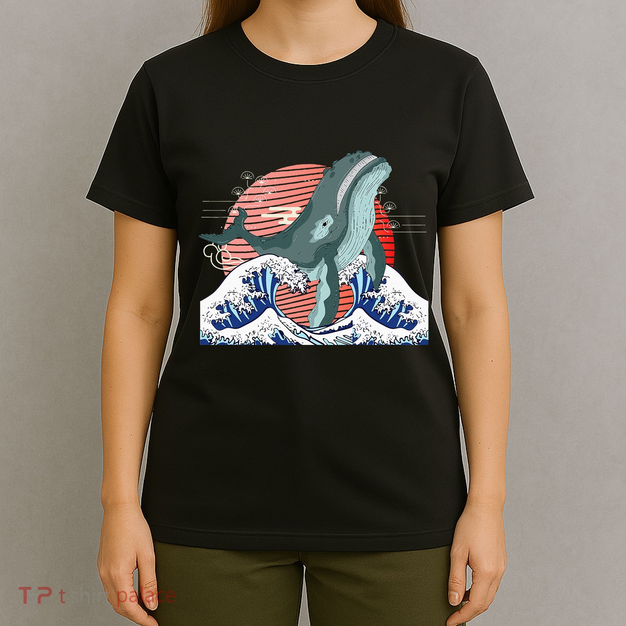 cute Humpback whale waves sea Japanese style T-Shirt