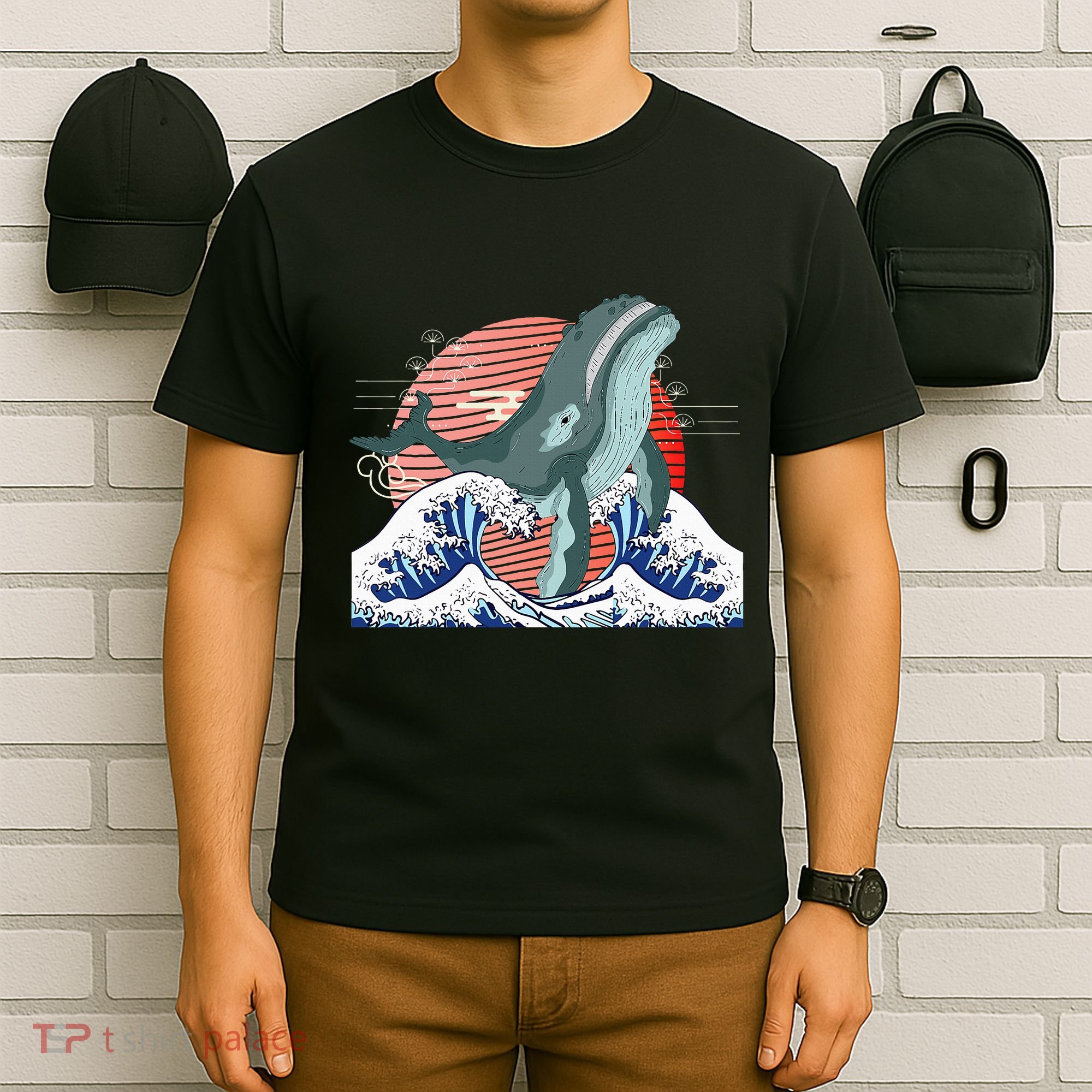 cute Humpback whale waves sea Japanese style T-Shirt