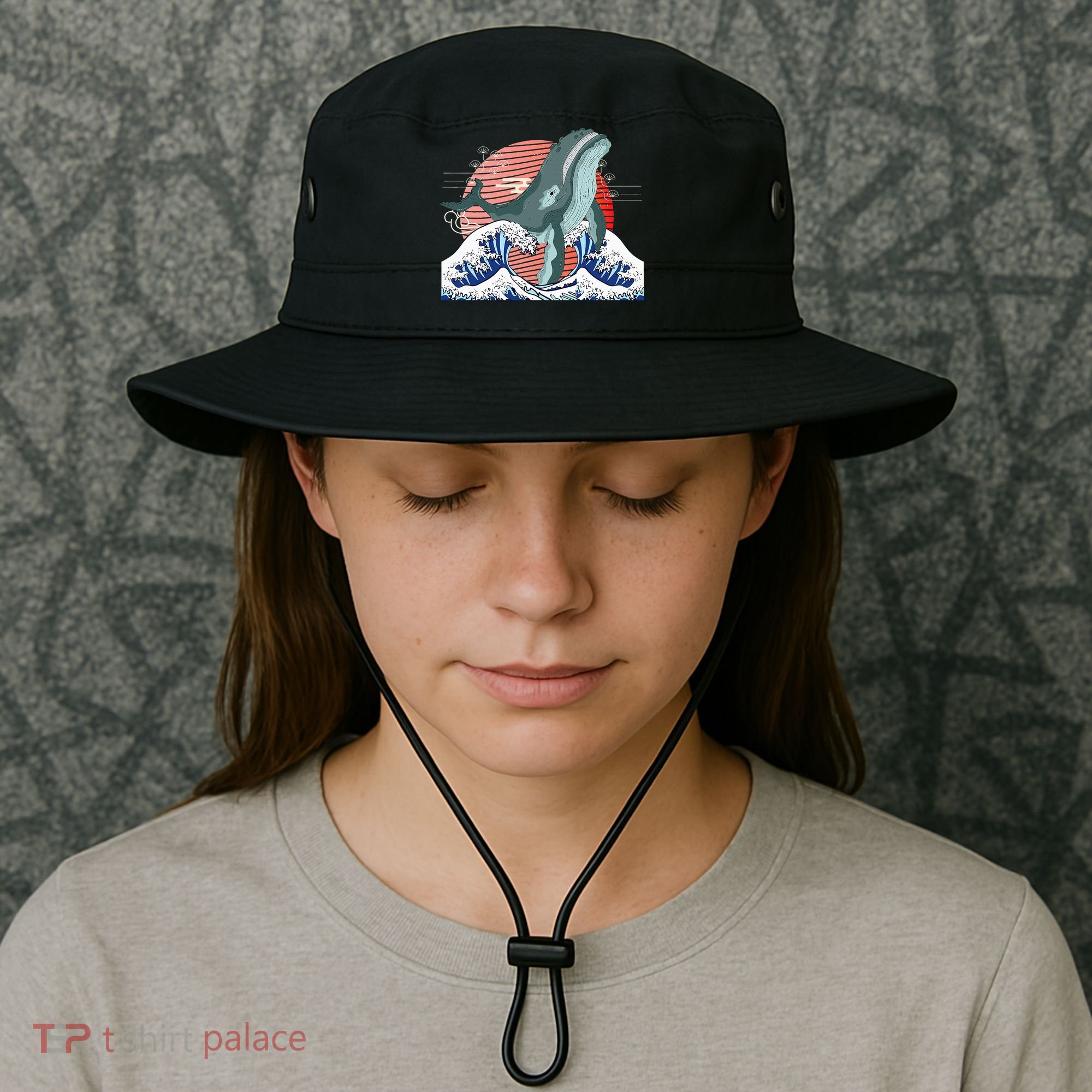 cute Humpback whale waves sea Japanese style Bucket Hat