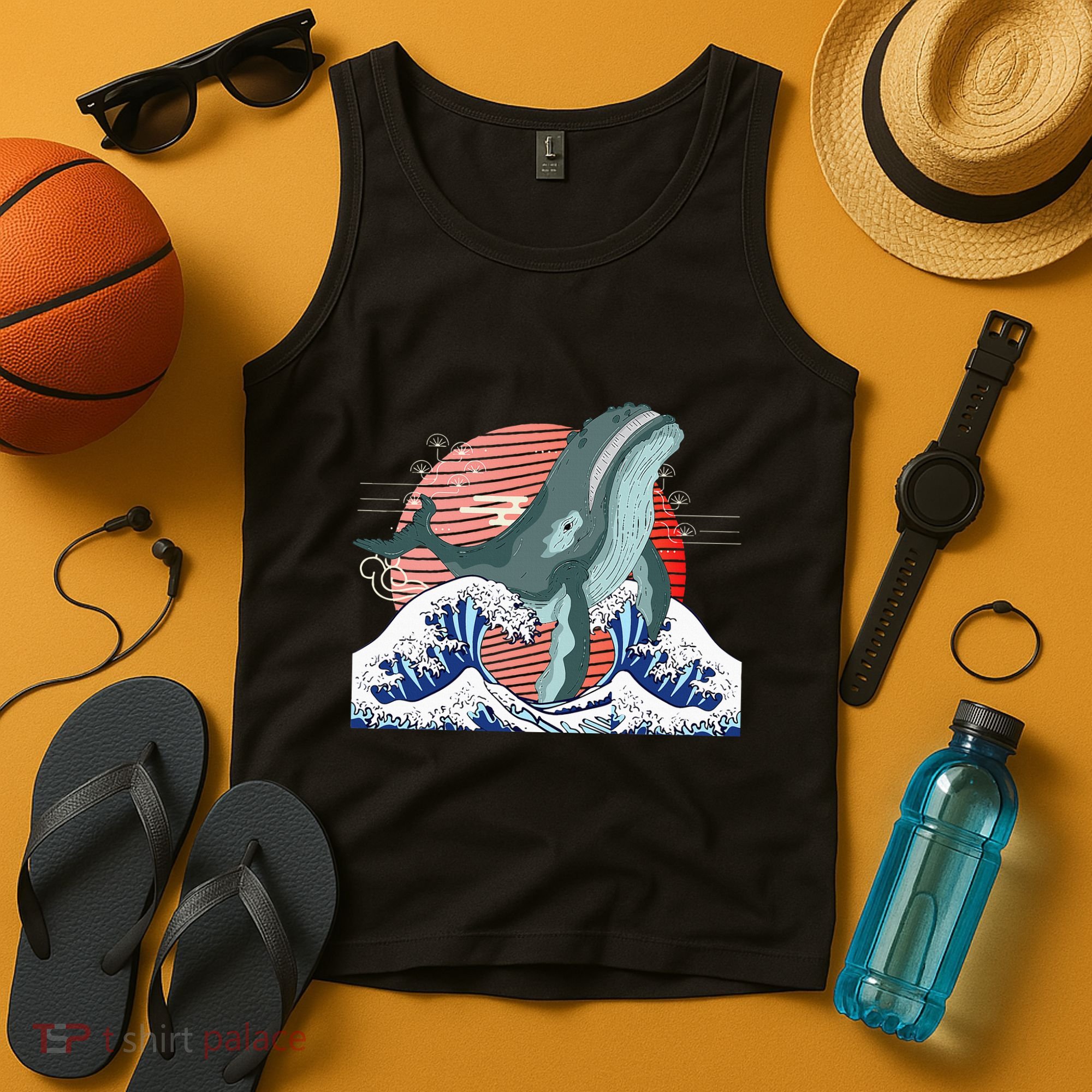 cute Humpback whale waves sea Japanese style Tank Top