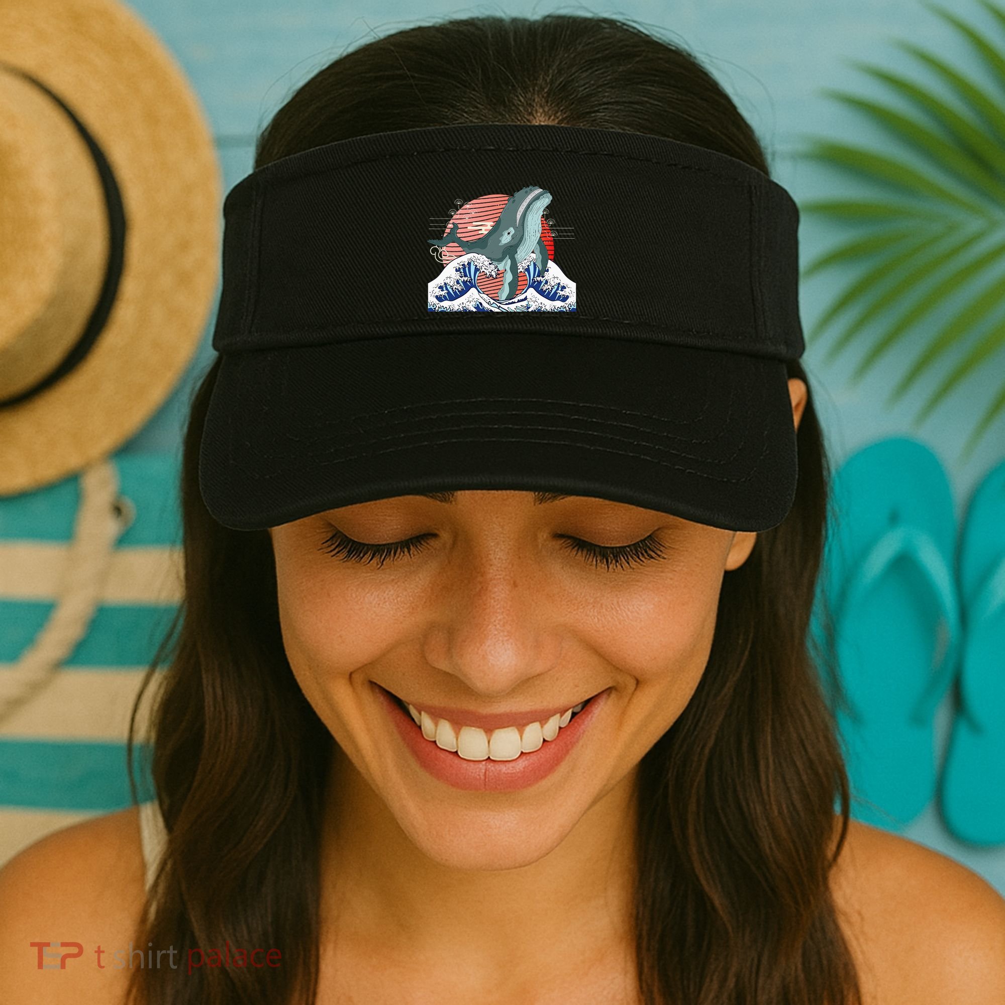 cute Humpback whale waves sea Japanese style Visor