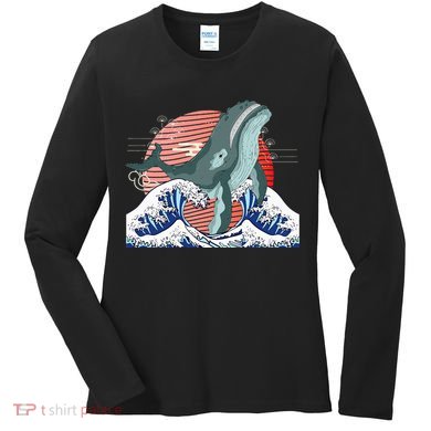 cute Humpback whale waves sea Japanese style Women's Long Sleeve Shirt
