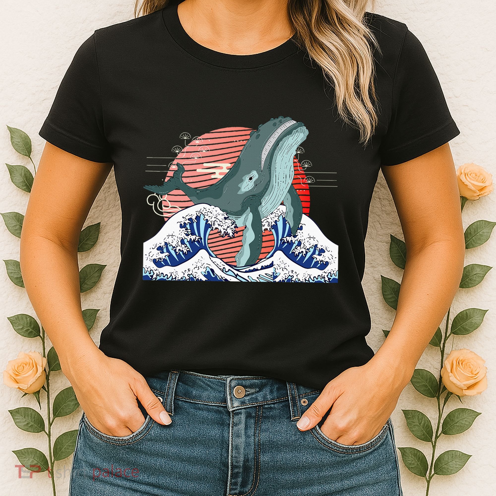 cute Humpback whale waves sea Japanese style Women's T-Shirt