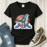 cute Humpback whale waves sea Japanese style Women's T-Shirt thumb 3