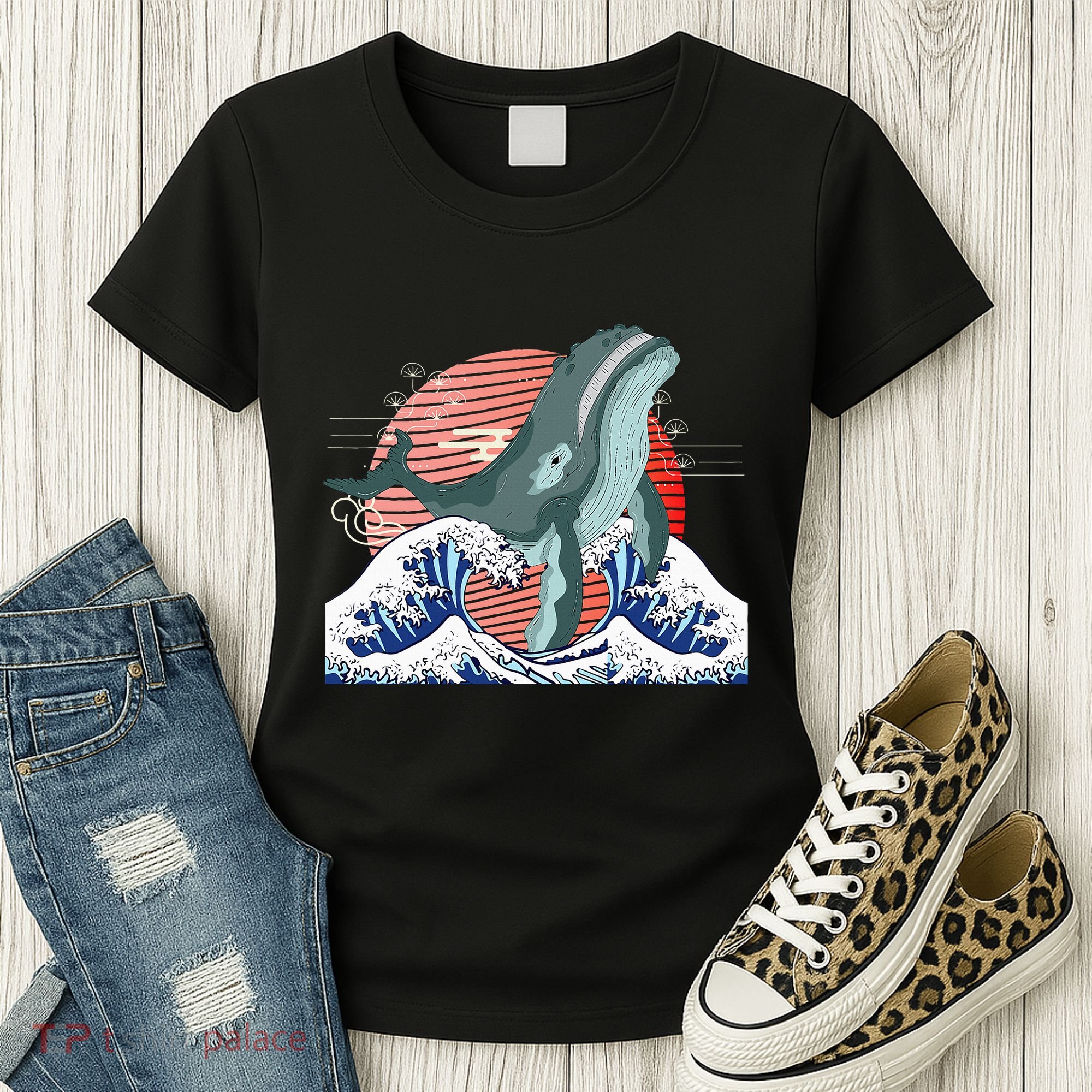 cute Humpback whale waves sea Japanese style Women's T-Shirt