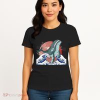 cute Humpback whale waves sea Japanese style Women's T-Shirt thumb 4