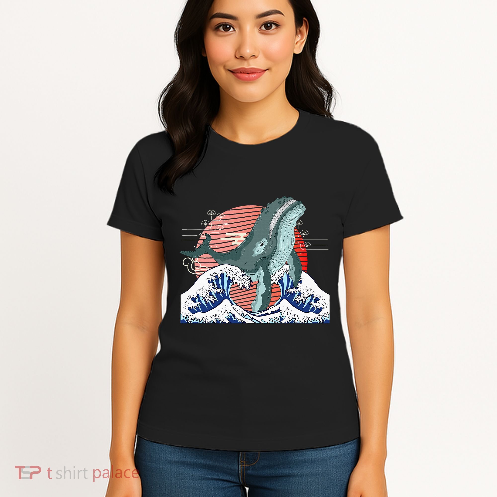 cute Humpback whale waves sea Japanese style Women's T-Shirt