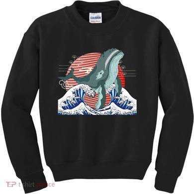 cute Humpback whale waves sea Japanese style Kids Sweatshirt